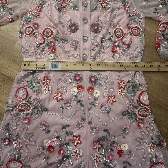 Needle & Thread Meadow Embellished Tulle Playsuit Floral Pink Beaded Romper Sz 6 - Picture 10 of 16